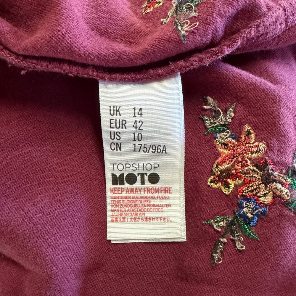 Moto Burgundy Corduroy Floral Embroidered Pinafore Dress US 10 - Picture 3 of 4